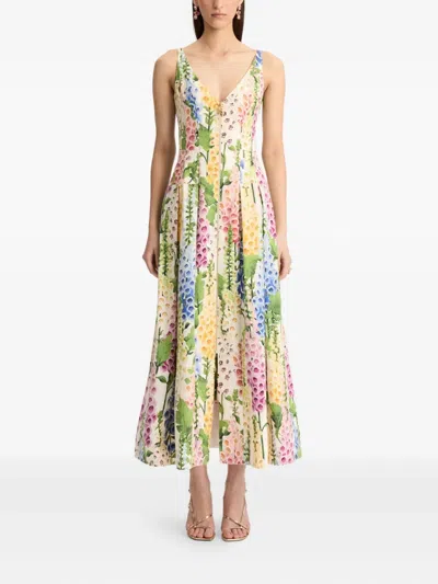 Oscar De La Renta Foxglove-print Pleated Poplin Zip-front Midi Dress In Multi