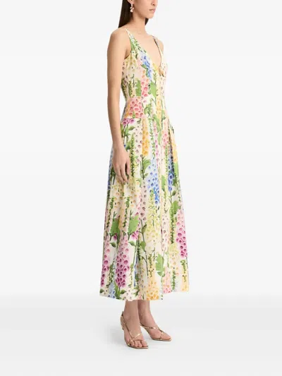 Oscar De La Renta Foxglove-print Pleated Poplin Zip-front Midi Dress In Multi