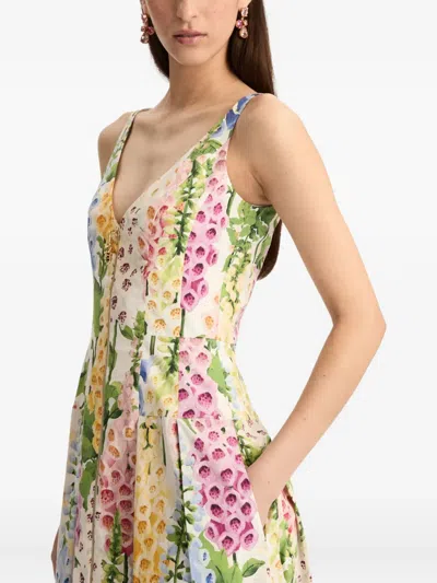 Oscar De La Renta Foxglove-print Pleated Poplin Zip-front Midi Dress In Multi