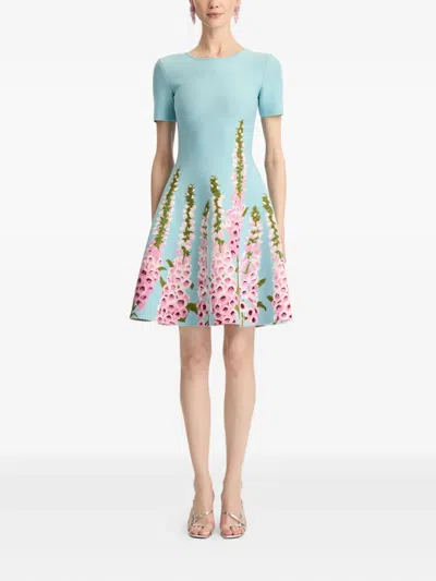 Oscar De La Renta Foxglove Jacquard Knit Dress In Blue