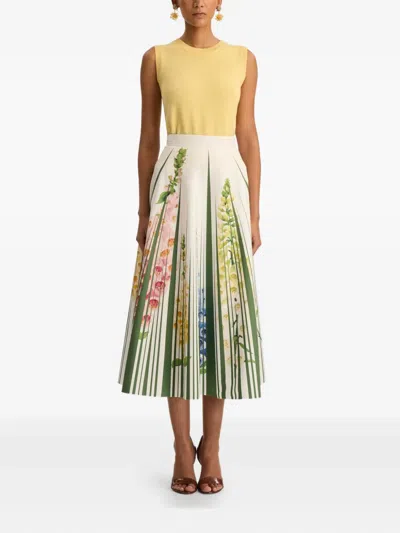 Oscar De La Renta Foxgloves Floral-print Cotton-blend Poplin Midi Skirt In Multi
