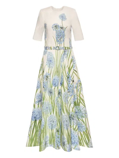 Oscar De La Renta Allium Cotton Stretch Poplin Belted Dress In Green