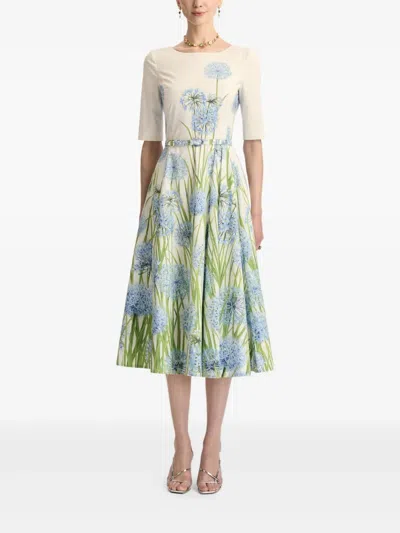 Oscar De La Renta Allium Cotton Stretch Poplin Belted Dress In Green