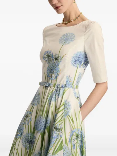 Oscar De La Renta Allium Cotton Stretch Poplin Belted Dress In Green