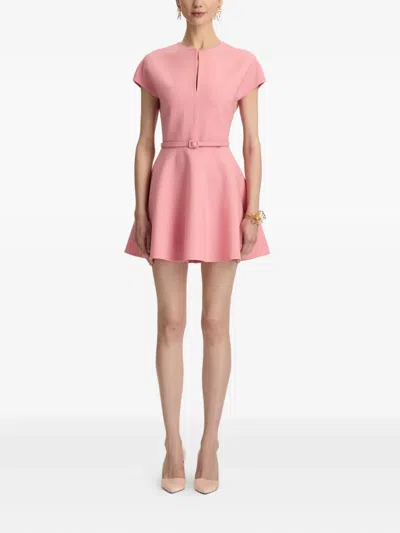 Oscar De La Renta Short-sleeve Split-neck Belted Mini Dress In Pink