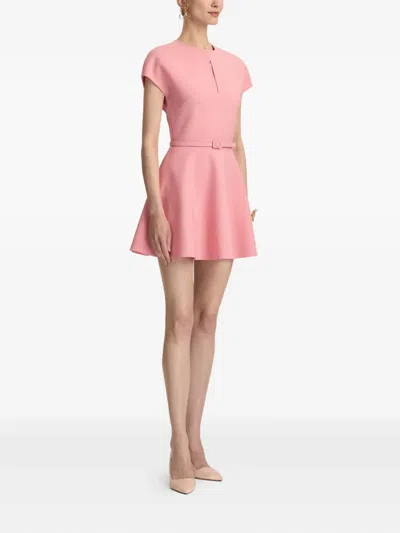 Oscar De La Renta Short-sleeve Split-neck Belted Mini Dress In Pink
