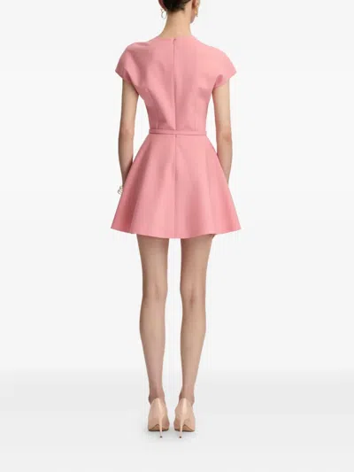 Oscar De La Renta Short-sleeve Split-neck Belted Mini Dress In Pink