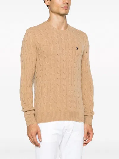Polo Ralph Lauren Beige Cable Knit Crewneck Sweater With Pony Embroidery On The Front In Wool And Cashmere Man In Nude
