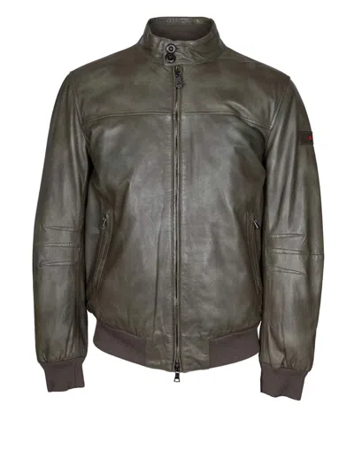 Peuterey Leather Bomber Jacket In Green