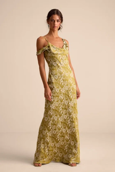 Lulus Cavani Chartreuse Floral Satin Asymmetrical Maxi Dress In Orange