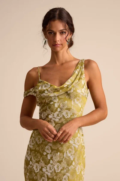 Lulus Cavani Chartreuse Floral Satin Asymmetrical Maxi Dress In Orange
