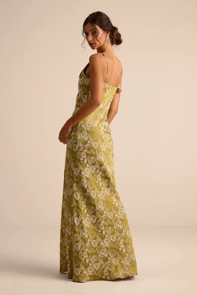 Lulus Cavani Chartreuse Floral Satin Asymmetrical Maxi Dress In Orange