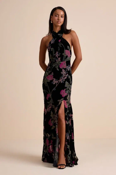 Lulus Flawlessly Gorgeous Black Burnout Floral Halter Maxi Dress In Black