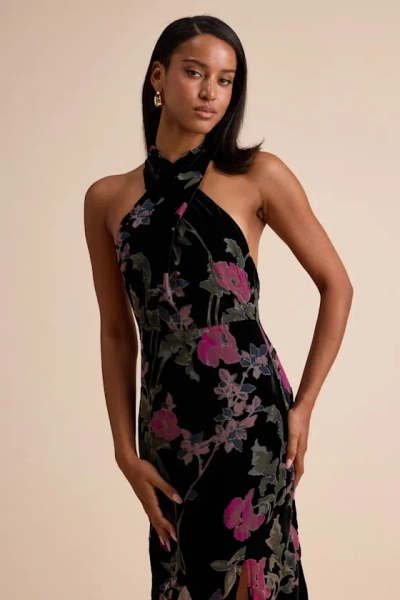 Lulus Flawlessly Gorgeous Black Burnout Floral Halter Maxi Dress In Black