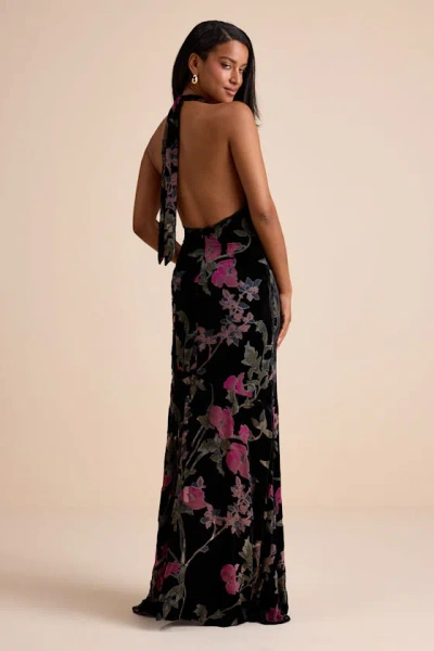 Lulus Flawlessly Gorgeous Black Burnout Floral Halter Maxi Dress In Black