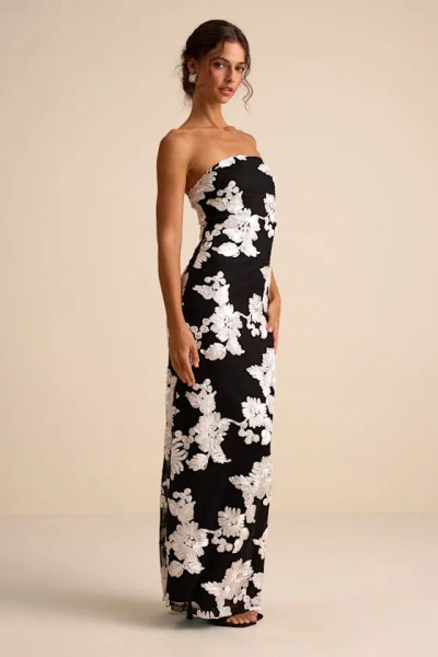 Lulus Fitzroy Black Floral Textured Strapless Maxi Dress In Black