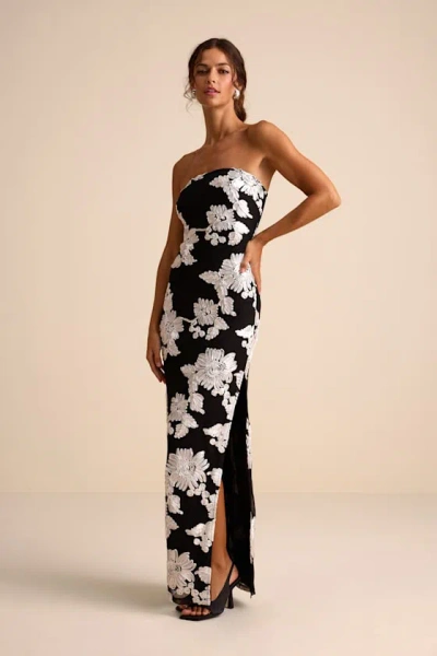 Lulus Fitzroy Black Floral Textured Strapless Maxi Dress In Black
