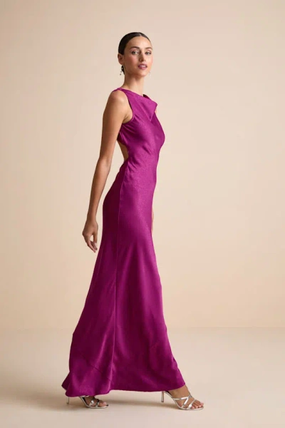 Lulus Alisha Magenta Crinkle Satin Backless Maxi Dress In Pink
