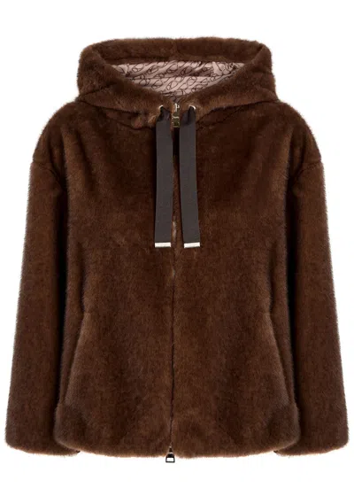 Herno Dark Brown Faux Fur Bomber Jacket With Custom Drawstring Hood In Brown