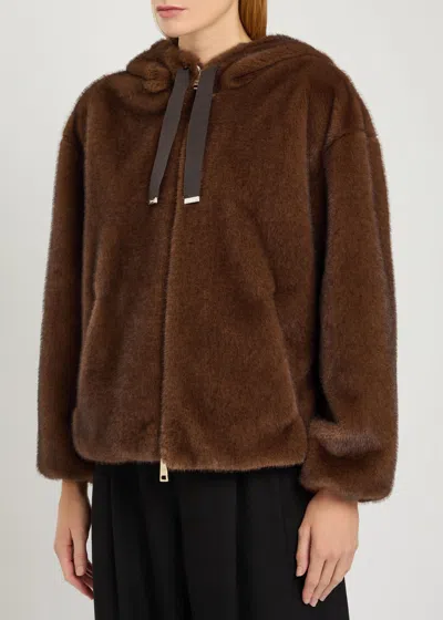 Herno Dark Brown Faux Fur Bomber Jacket With Custom Drawstring Hood In Brown
