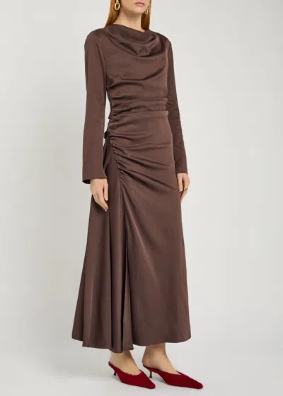 Simkhai Odessa Gathered Satin Midi Dress In Brown