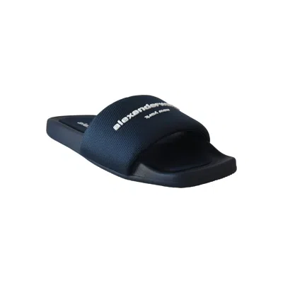 Alexander Wang Logo Print Textured Fabric Slides Blue In Blue