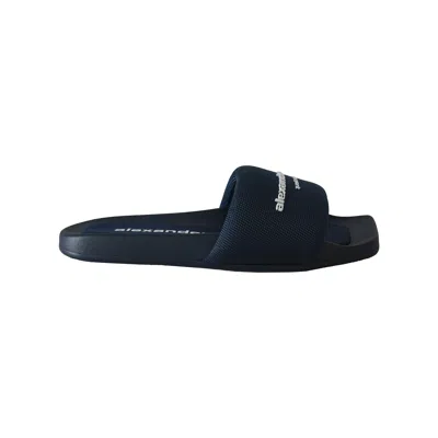 Alexander Wang Logo Print Textured Fabric Slides Blue In Blue