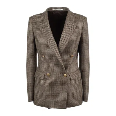 Tagliatore Prince Of Wales Double-breasted Blazer In Virgin Wool Cashmere Blend In Gray