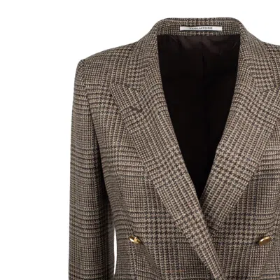 Tagliatore Prince Of Wales Double-breasted Blazer In Virgin Wool Cashmere Blend In Gray