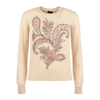 Etro Beige Wool And Cashmere Sweater With Embroidery In Brown