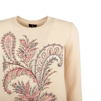 Etro Beige Wool And Cashmere Sweater With Embroidery In Brown