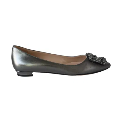 Manolo Blahnik Hangisi Graphite Satin Embellished Flats Grey In Metallic