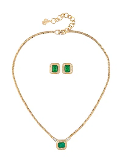 Pre-owned Dior Emerald Necklace Earring Set In Gold