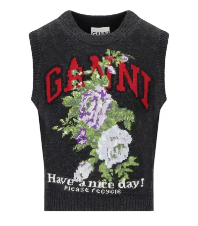 Ganni Flowers Grey Vest In Gray