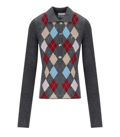 Ganni Fine Merino Wool Jacquard Knitted Polo Shirt In Gray