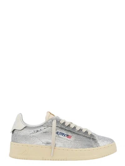 Autry Dallas Low Sparkling Sneakers In Silver And White Sequins Shoes In Silver