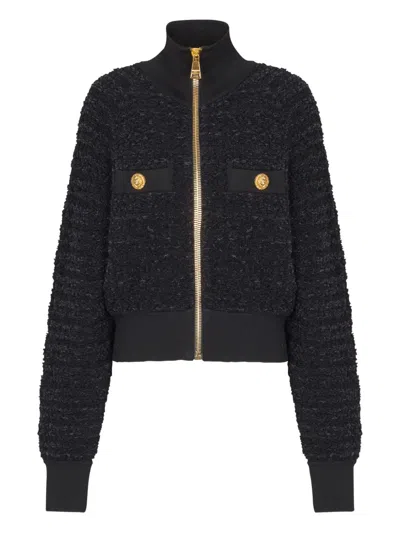 Balmain Textured Fabric Short Jacket With High Collar In Black