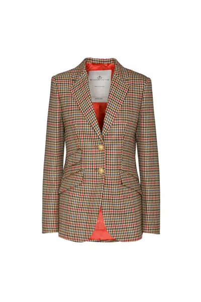 The Extreme Collection Check Pattern Beige And Maroon Mono-breasted Blazer In Brown