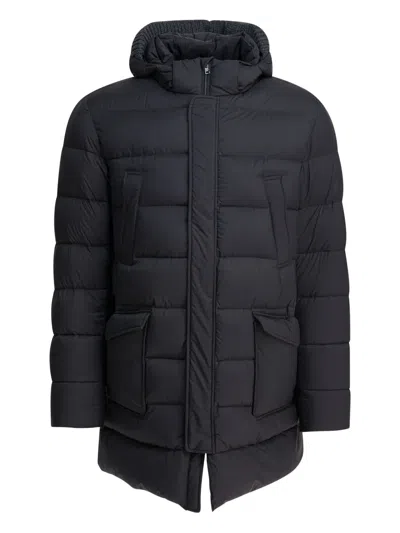 Herno Quilted Black Down Jacket With Detachable Hood In Blue