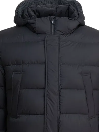 Herno Quilted Black Down Jacket With Detachable Hood In Blue