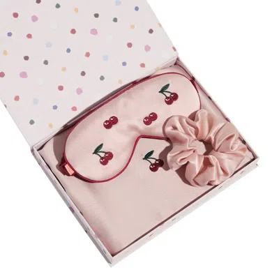 Lost Pattern Nyc Pink Lost Cherries 3 Piece Silk Gift Set - Silk Pillowcase & Silk Sleep Eye Mask & Silk Scrunchie In Pink