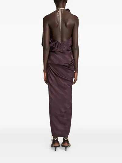 Dries Van Noten Draped Stripe Silk Jacquard Maxi Dress In Purple