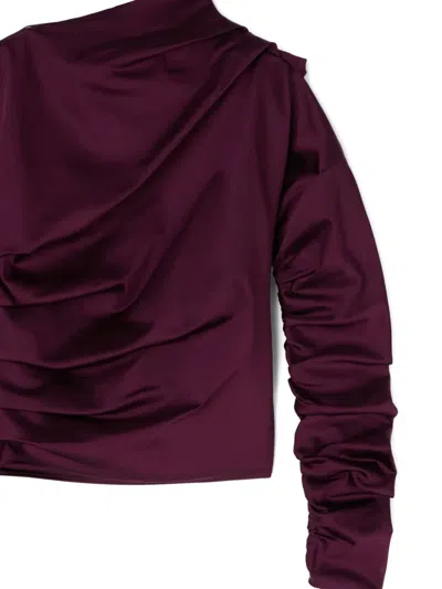 Ganni Satin Blouse With Draped Detail And High Neck In Burgundy