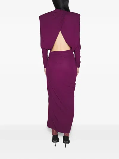 Mugler Draped Padded-shoulder Maxi Dress In Purple