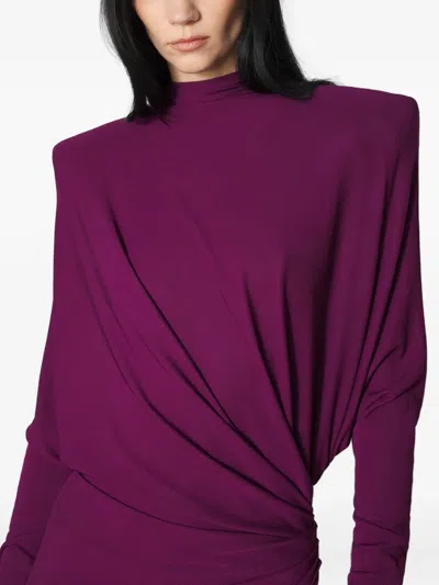 Mugler Draped Padded-shoulder Maxi Dress In Purple