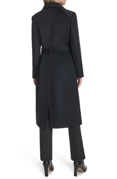 Cole Haan High Neck Slick Wool-blend Belted Coat In Blue