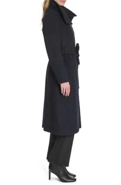 Cole Haan High Neck Slick Wool-blend Belted Coat In Blue