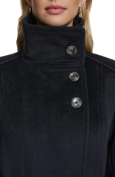 Cole Haan High Neck Slick Wool-blend Belted Coat In Blue