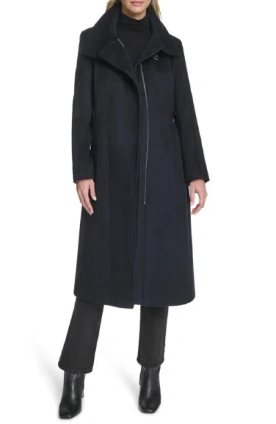 Cole Haan High Neck Slick Wool-blend Belted Coat In Blue