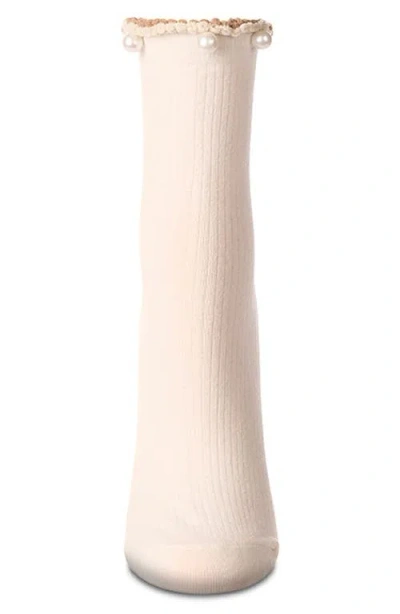 Memoi Faux Pearl Lettuce Edge Cotton Blend Crew Socks In White